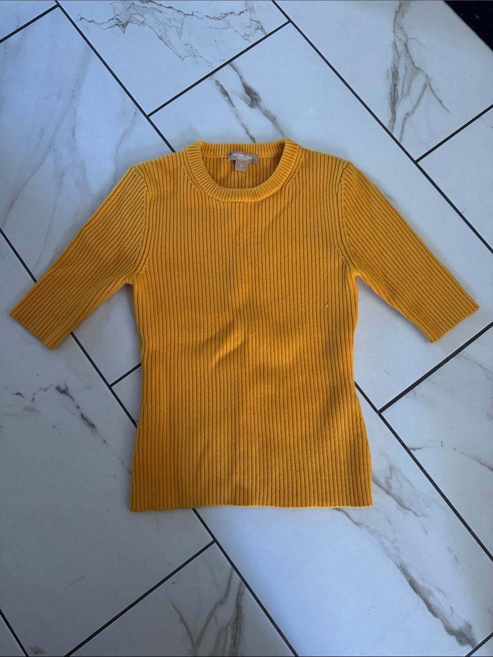 Michael Kors Golden Yellow Ribbed Short-Sleeve Knit Top